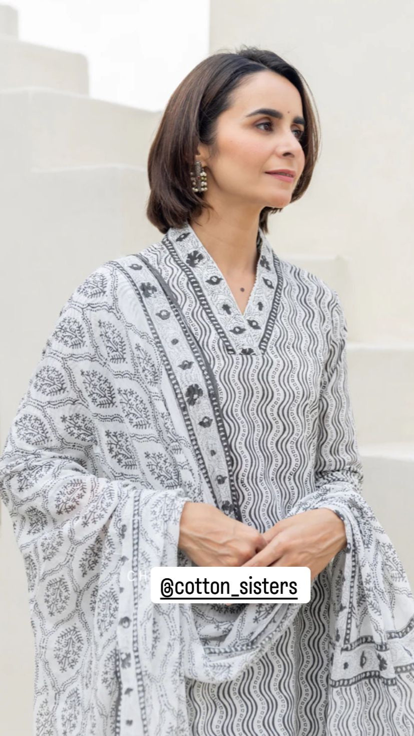 Cotton White/ Grey Block Print Suit