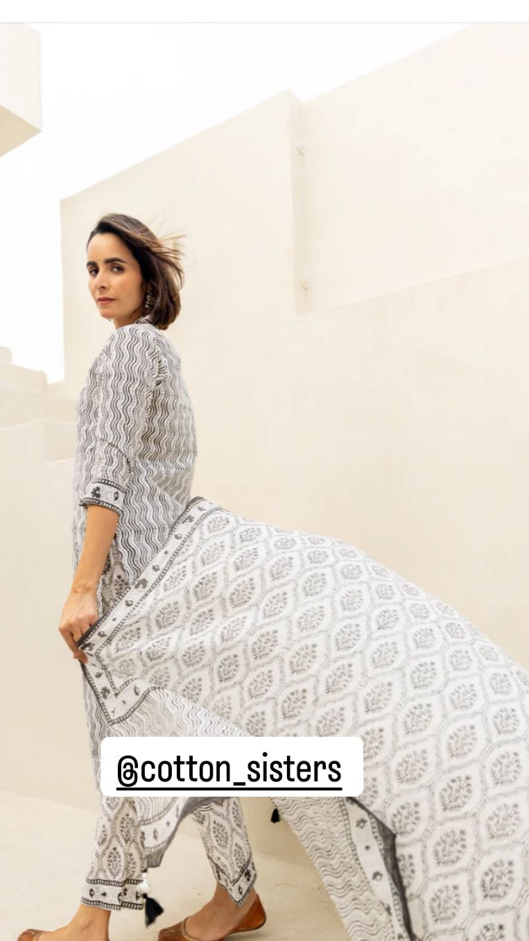 Cotton White/ Grey Block Print Suit