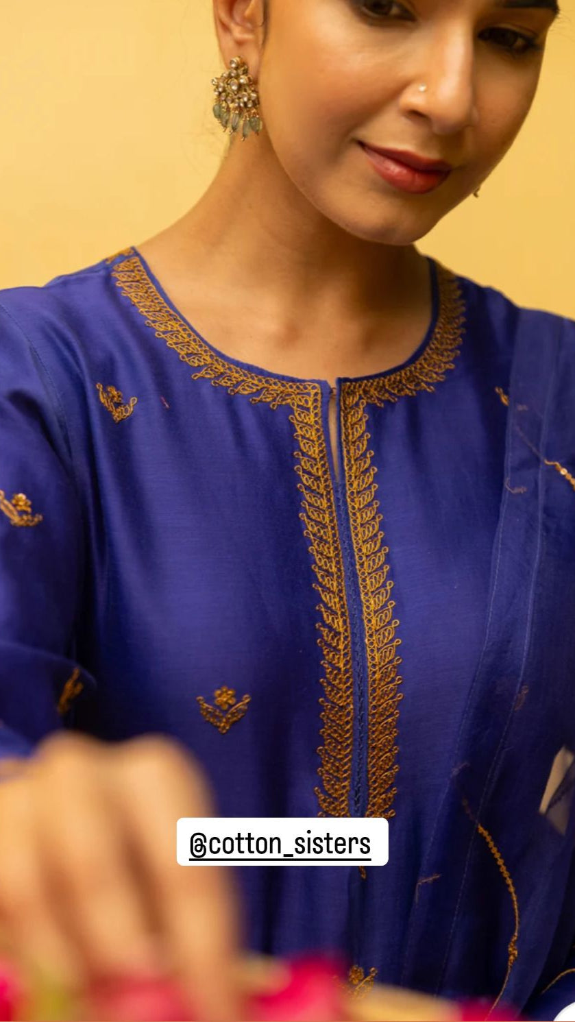 Chanderi Silk Blue Hand Embroidery Kurta Set