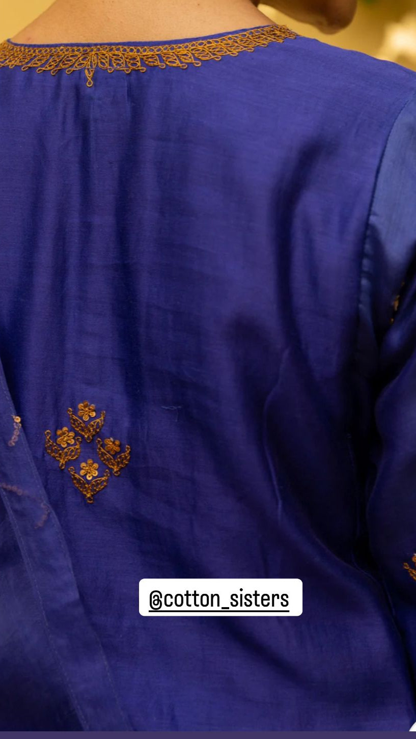 Chanderi Silk Blue Hand Embroidery Kurta Set