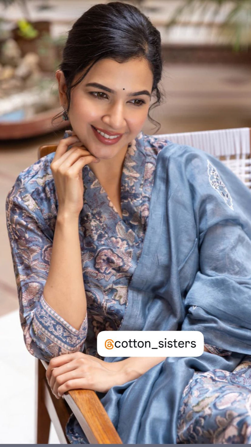 Cotton Blue Block Print Suit