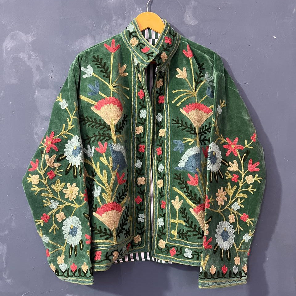 Velvet Olive Green Embroidery Jacket