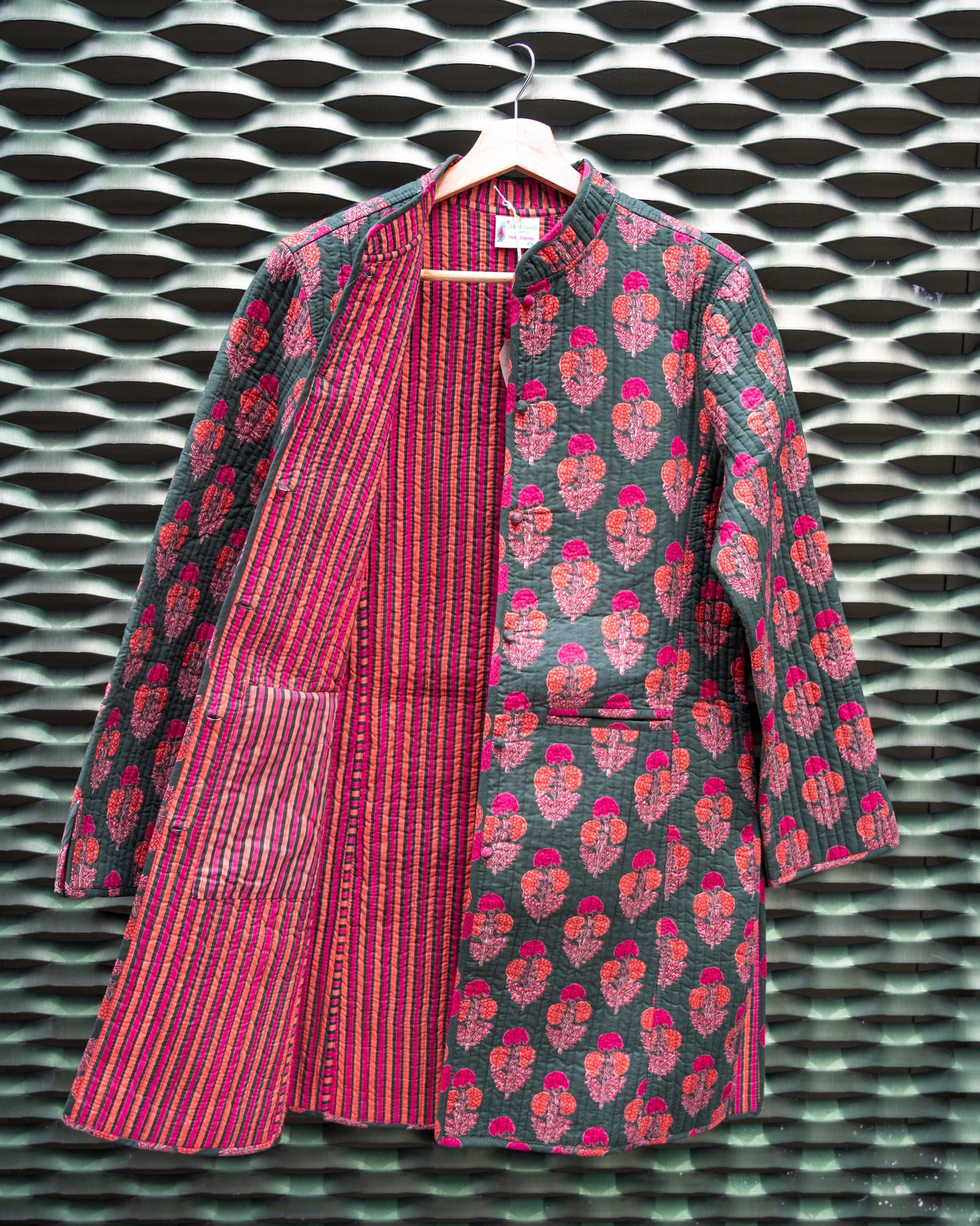 Cotton Long Green Block Print Jacket