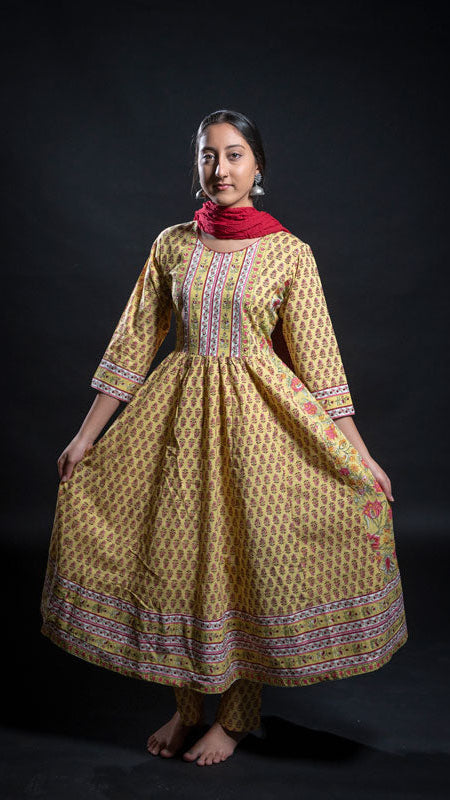 Cotton Mustard Block Print Frock Suit