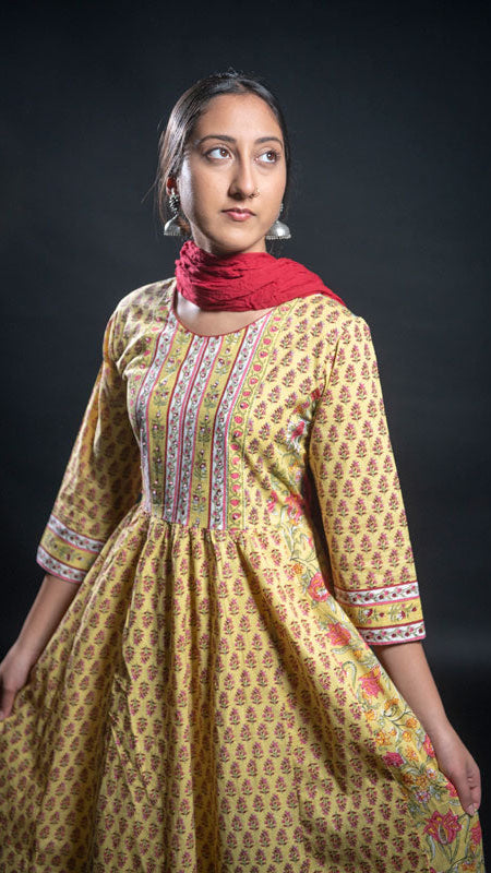 Cotton Mustard Block Print Frock Suit