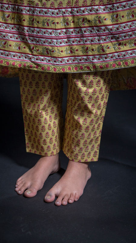 Cotton Mustard Block Print Frock Suit