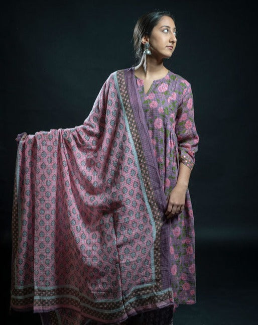 Cotton Lilac Flower Block Print Frock Suit