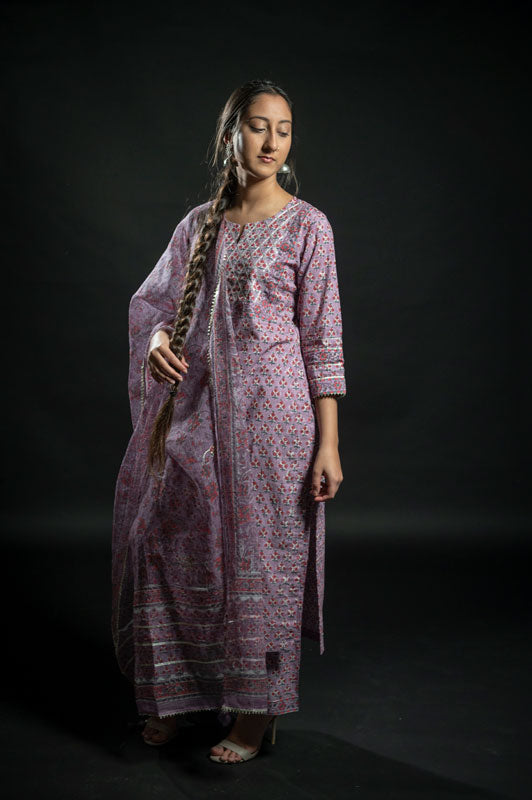 Cotton Lilac Block Print Suit