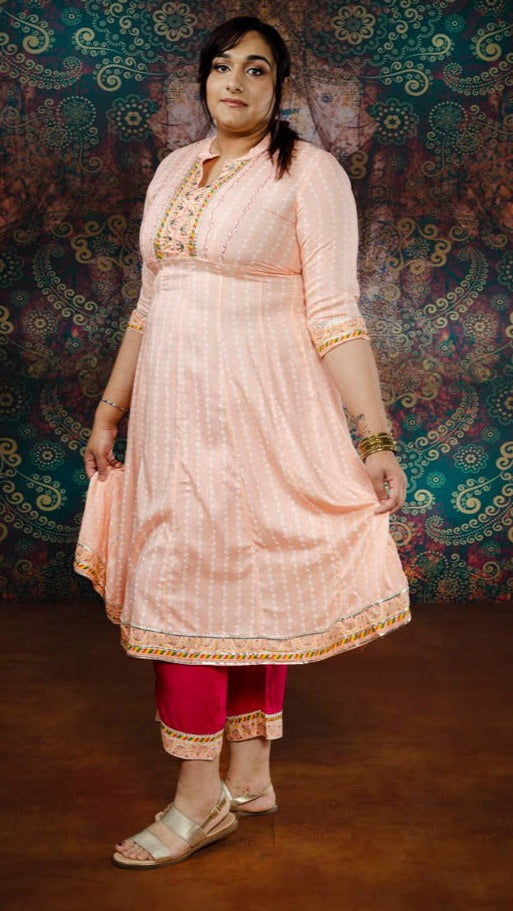 Cotton Peach Embroidery Frock Suit