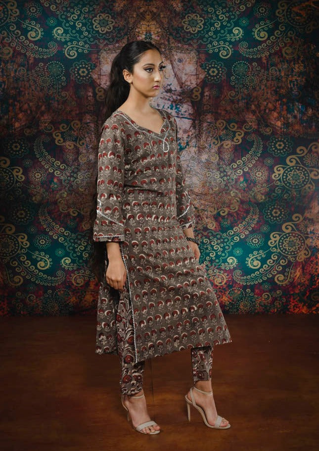 Cotton Grey/ Red Block Print Suit
