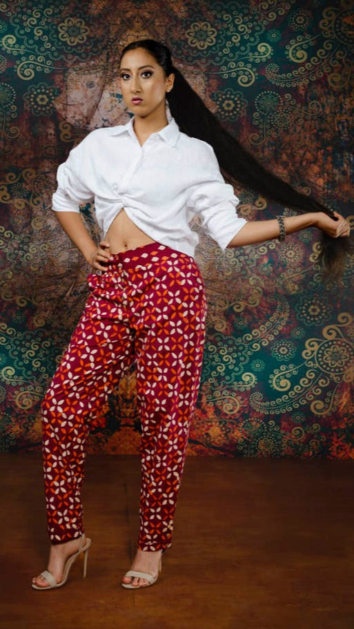 Cotton Maroon Block Printed Pants