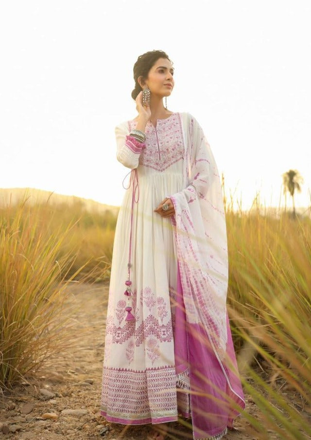 Cotton Block White/ Lilac Print Frock