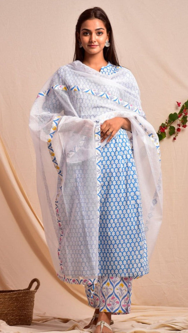 Cotton Light Blue Block Print Frock Suit