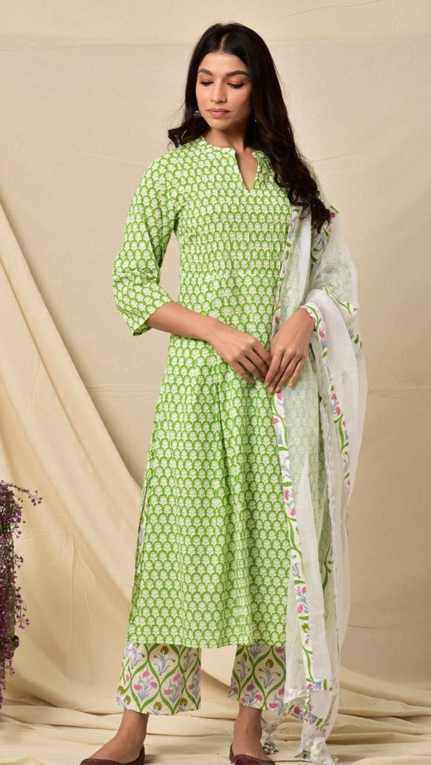 Cotton Light Green Block Print Frock Suit