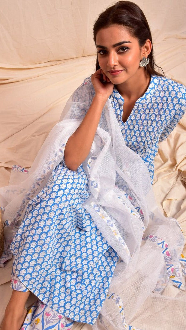 Cotton Light Blue Block Print Frock Suit