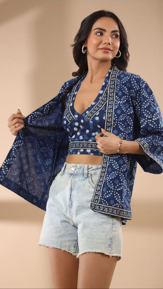 Cotton Indigo Block Print Top And Jacket