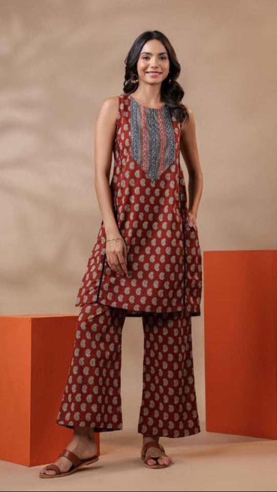 Cotton Rust Printed Kurta Set