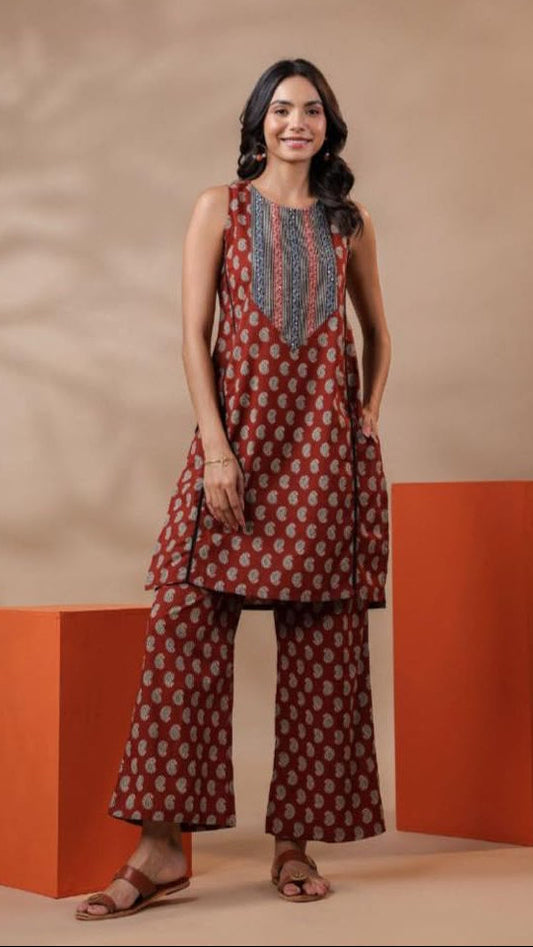 Cotton Rust Printed Kurta Set