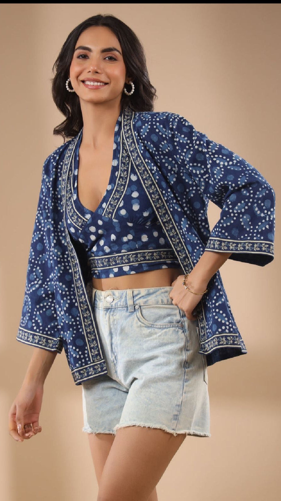 Cotton Indigo Block Print Top And Jacket