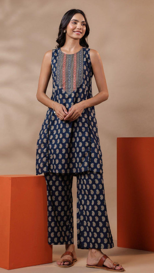 Cotton Blue Printed Kurta Set