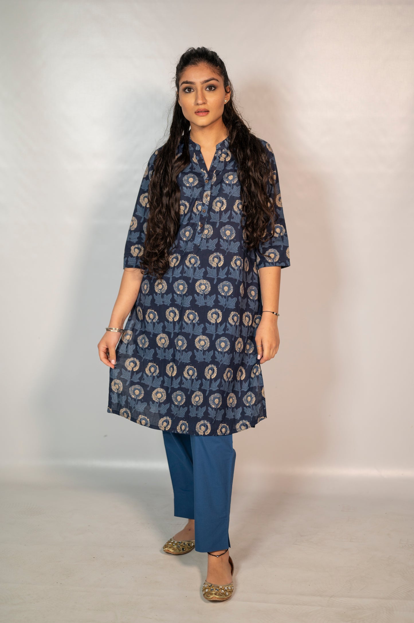 Cotton Blue Flower Block Print Co-Ord Set