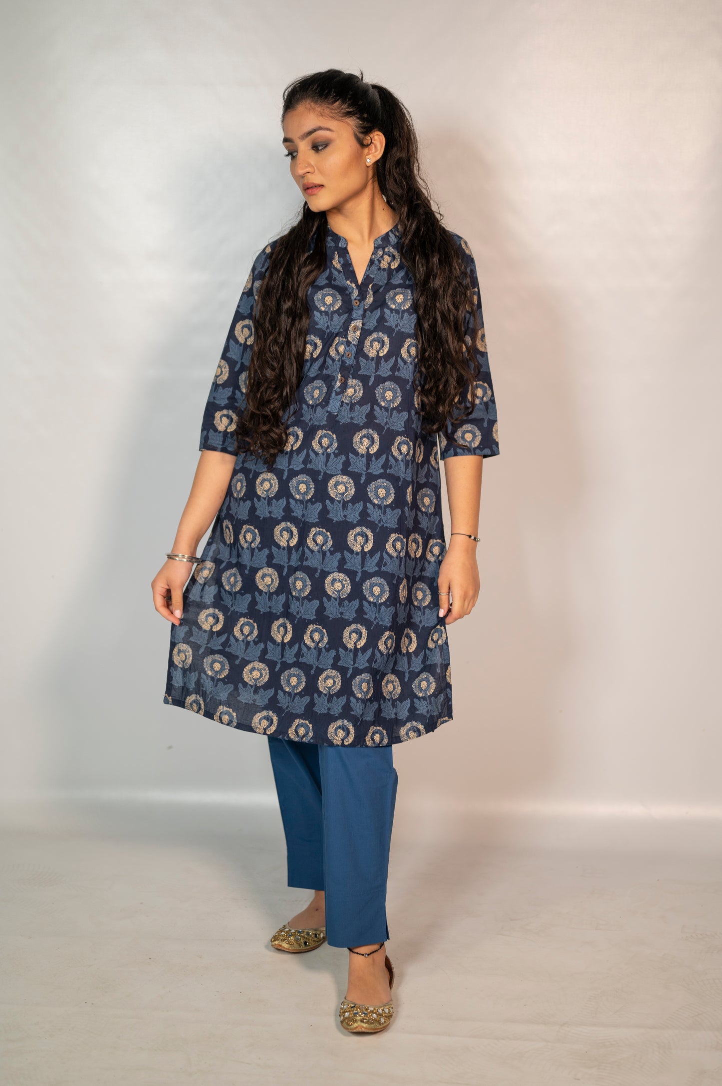 Cotton Blue Flower Block Print Co-Ord Set