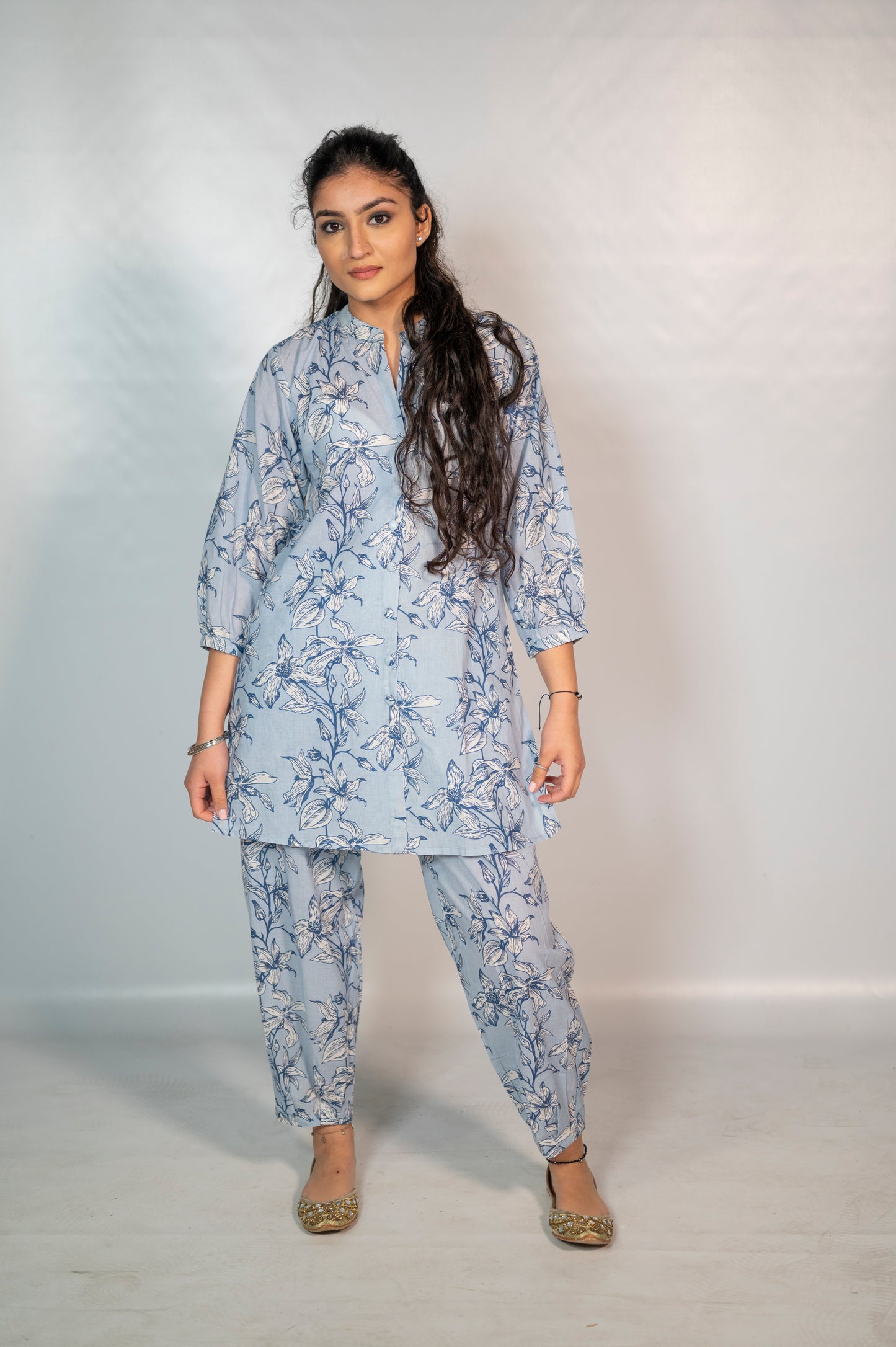 Cotton Light Blue Flower Block Print Co-Ord Set