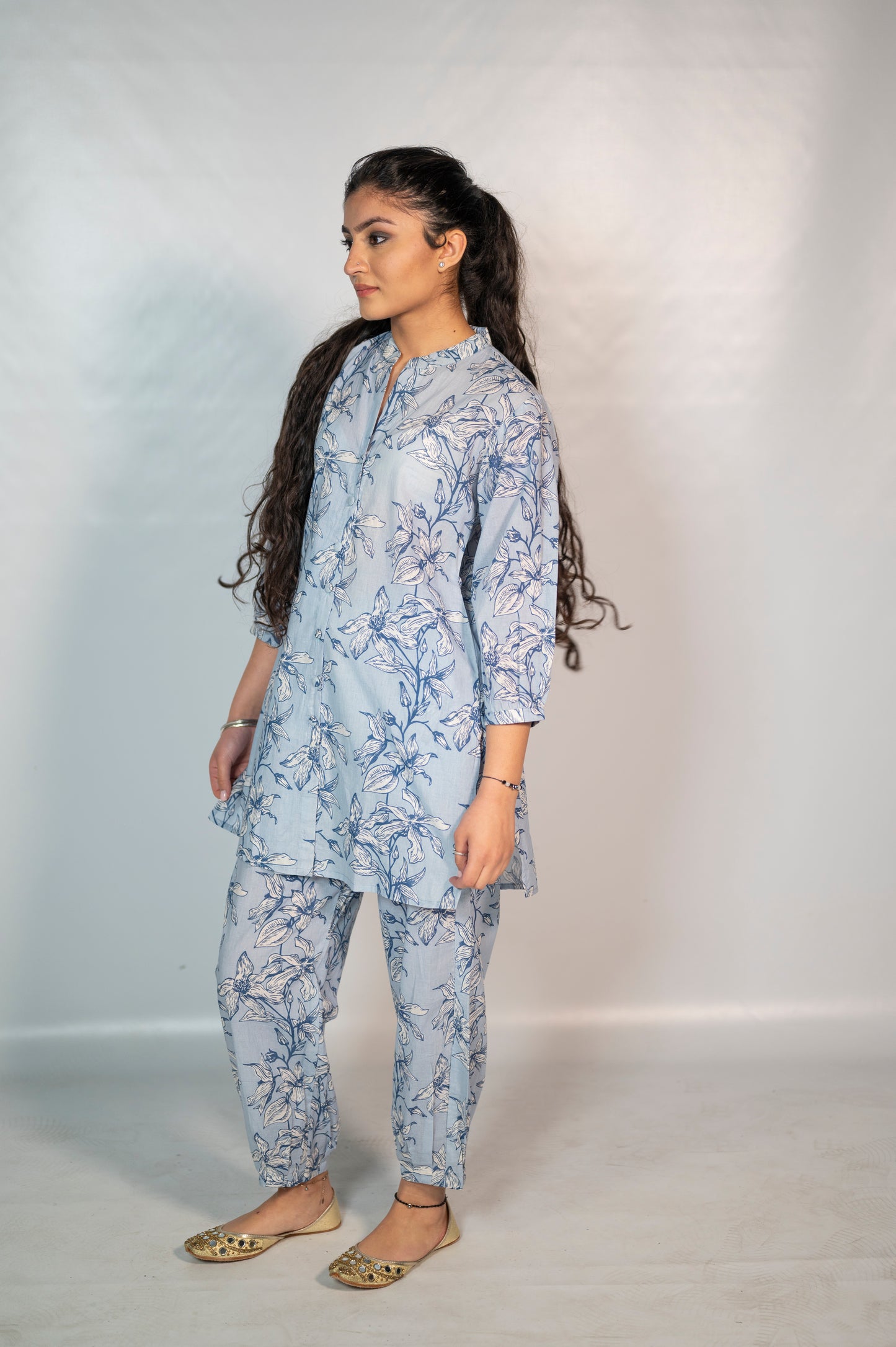 Cotton Light Blue Flower Block Print Co-Ord Set