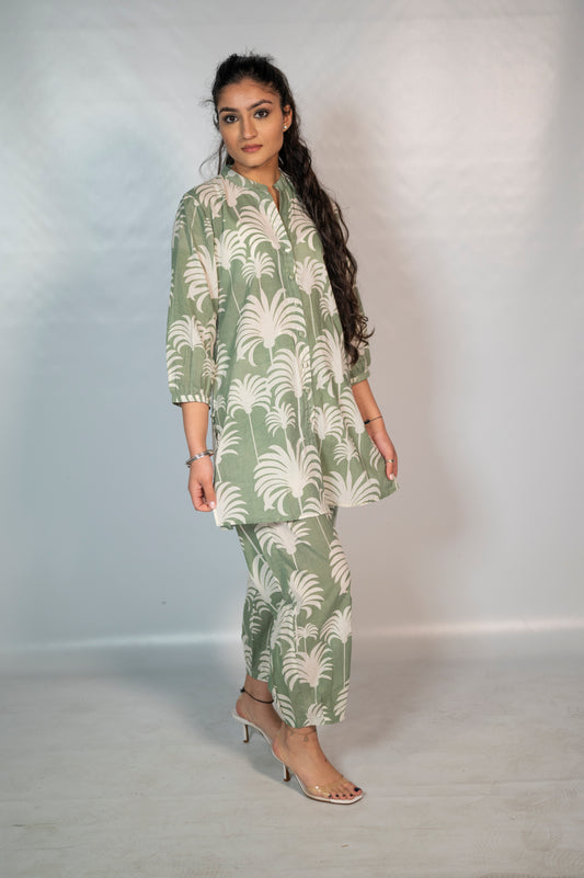 Cotton Light Green Leaf Block Print Co-Ord Set