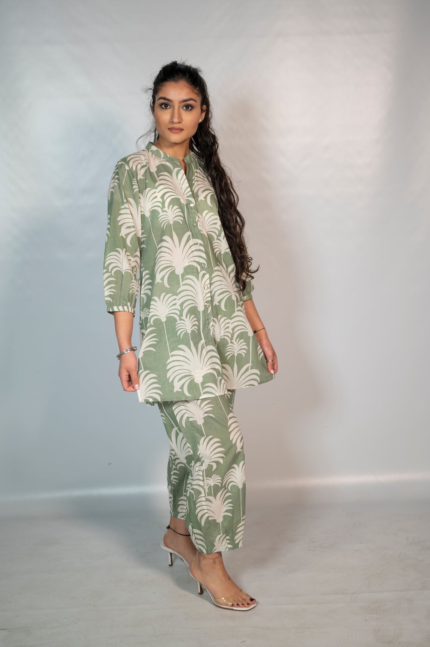 Cotton Light Green Leaf Block Print Co-Ord Set