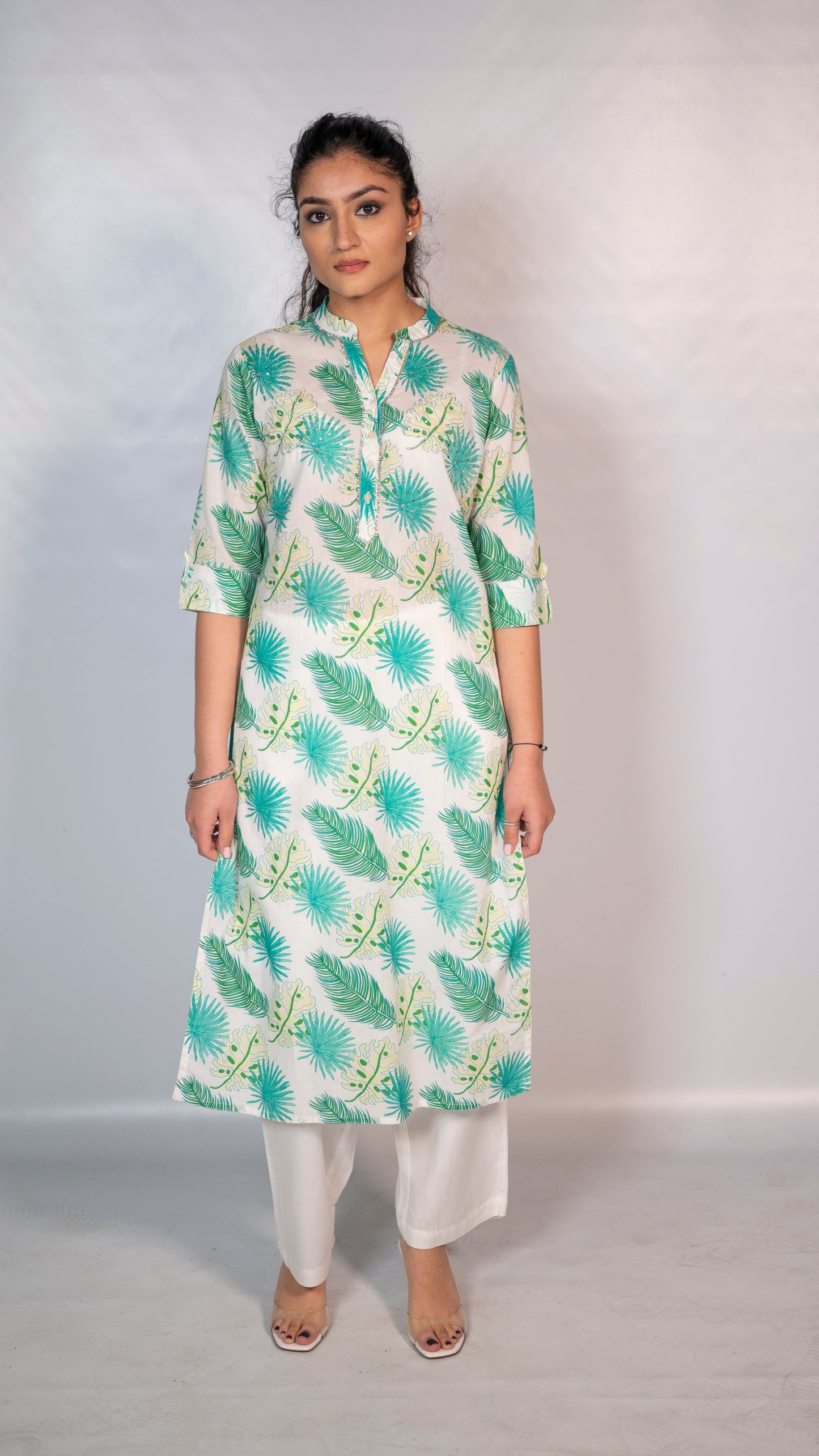 Cotton White Leaf Block Print Co-Ord Set