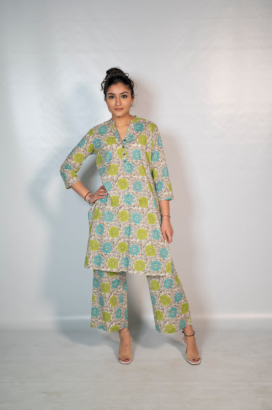 Cotton Green/ Blue Flower Block Print Co-Ord Set