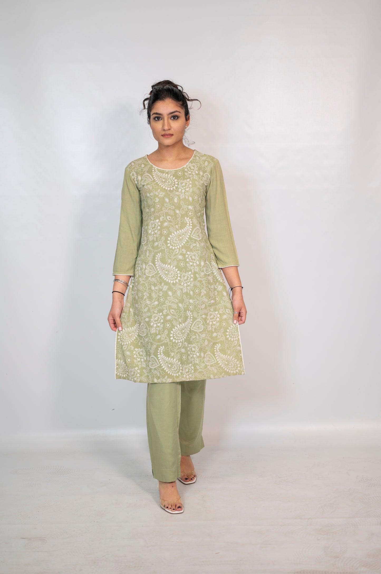 Cotton Olive Thread Embroidery Co-Ord Set