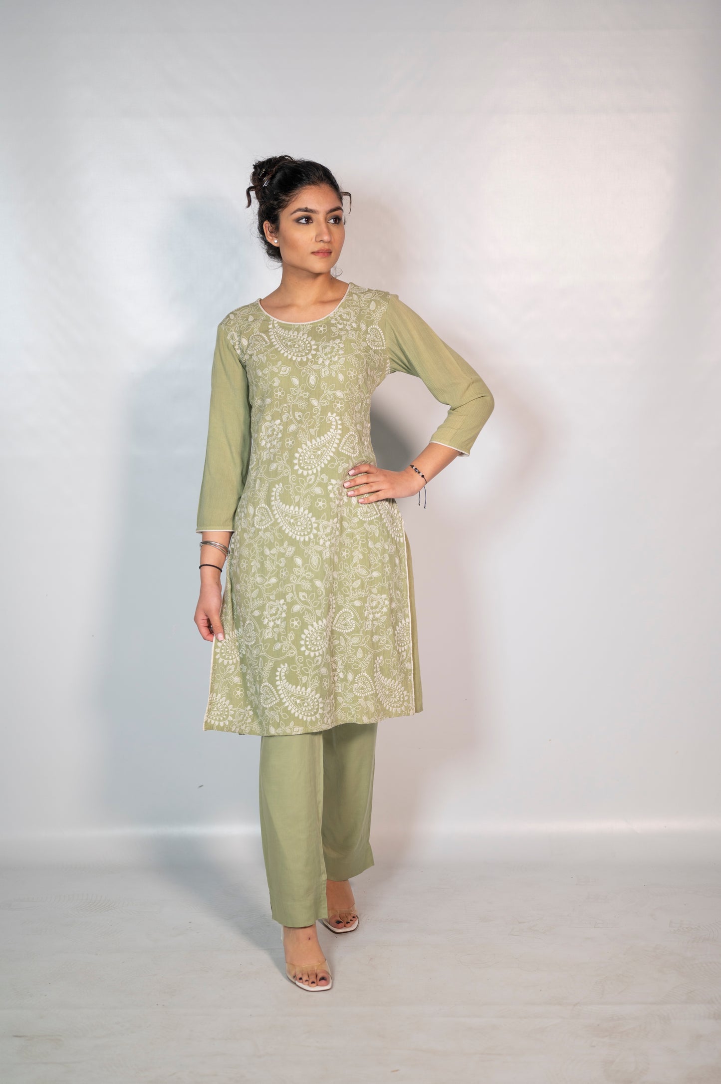 Cotton Olive Thread Embroidery Co-Ord Set