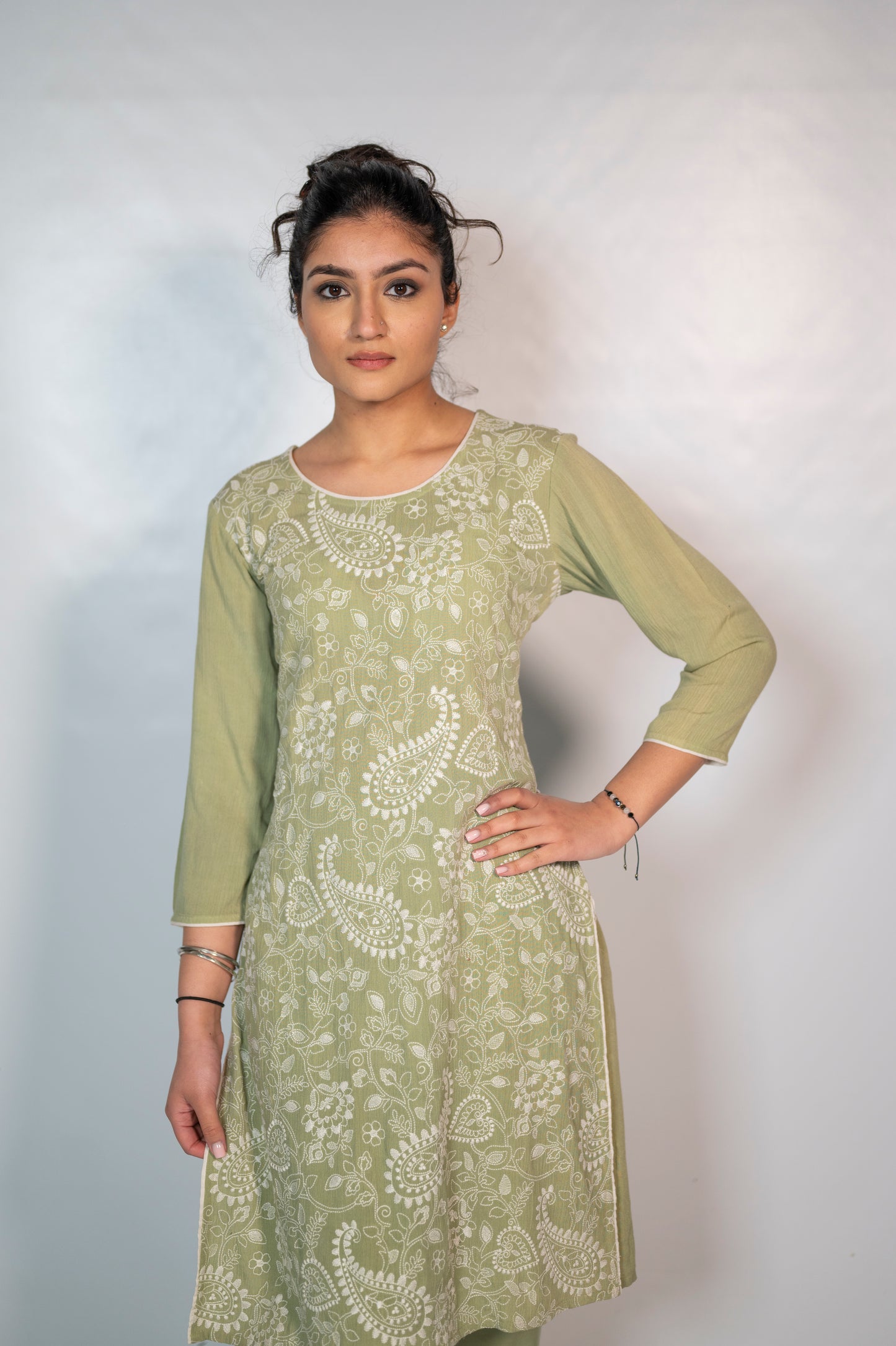 Cotton Olive Thread Embroidery Co-Ord Set