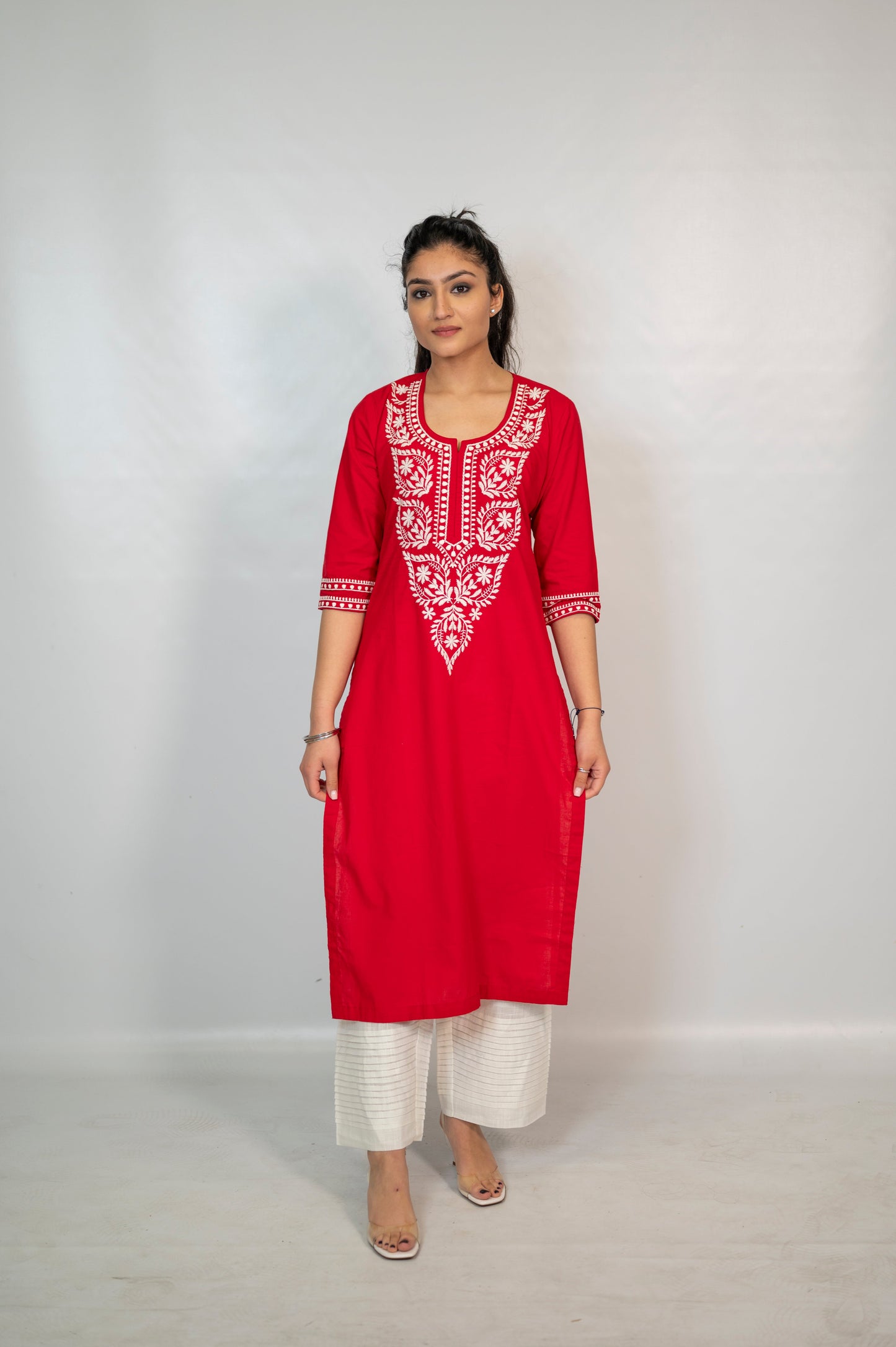 Cotton Red Embroidery Long Co Ord Set