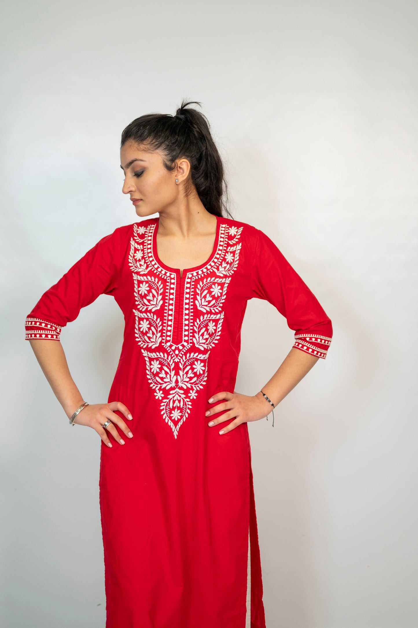 Cotton Red Embroidery Long Co Ord Set