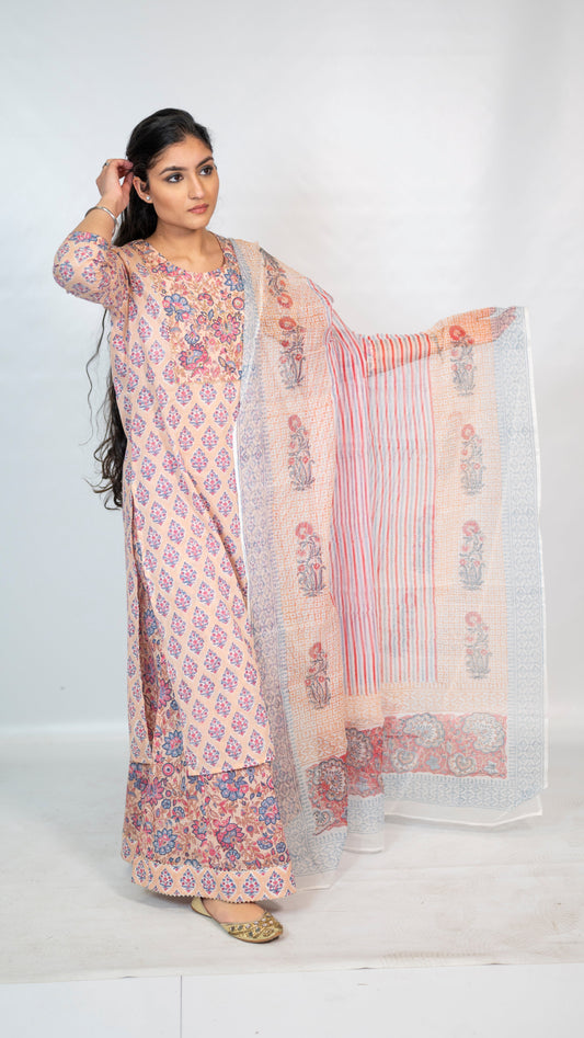 Cotton Pink Flower Block Print suit