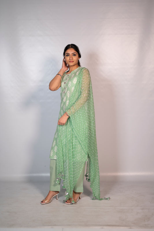 Cotton Green Block Print Suit