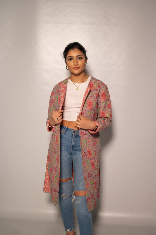 Ladies Cotton Long Lilac Jaipur Block Print Jacket