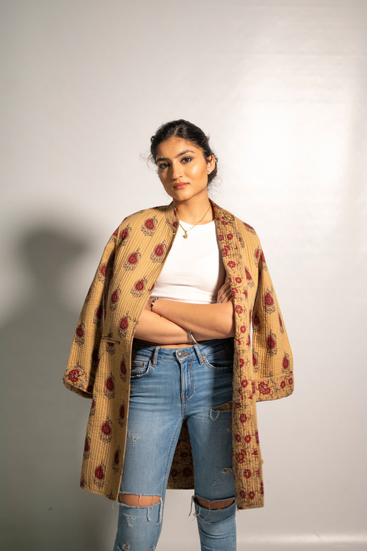 Ladies Cotton Jaipur Beige Long Block Print Jacket
