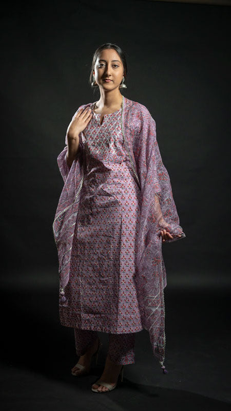 Cotton Lilac Flower Block Print Suit