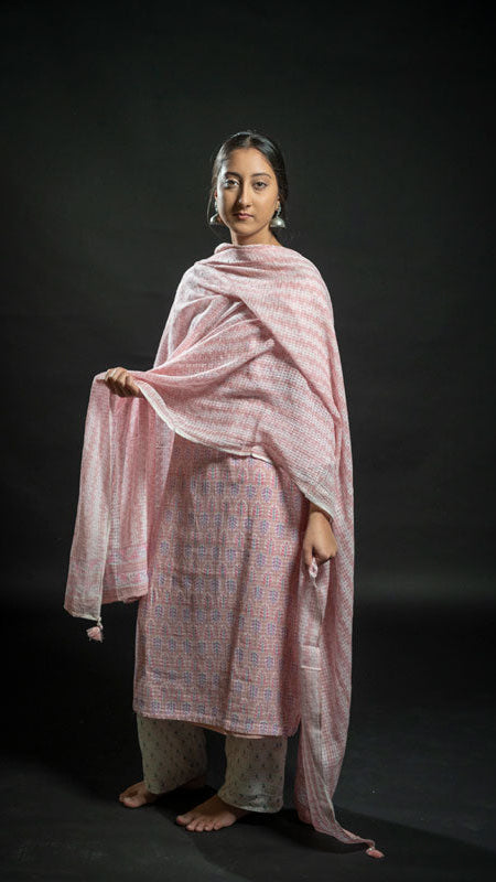 Cotton Pink Flower Block Print Suit