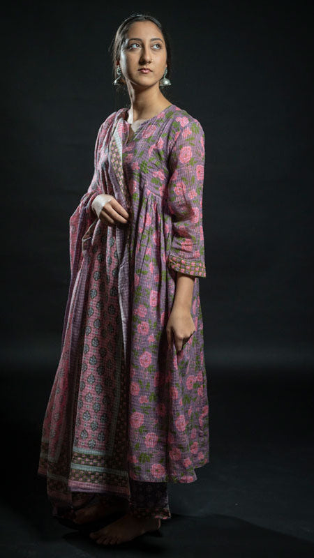 Cotton Purple Flower Block Print Suit