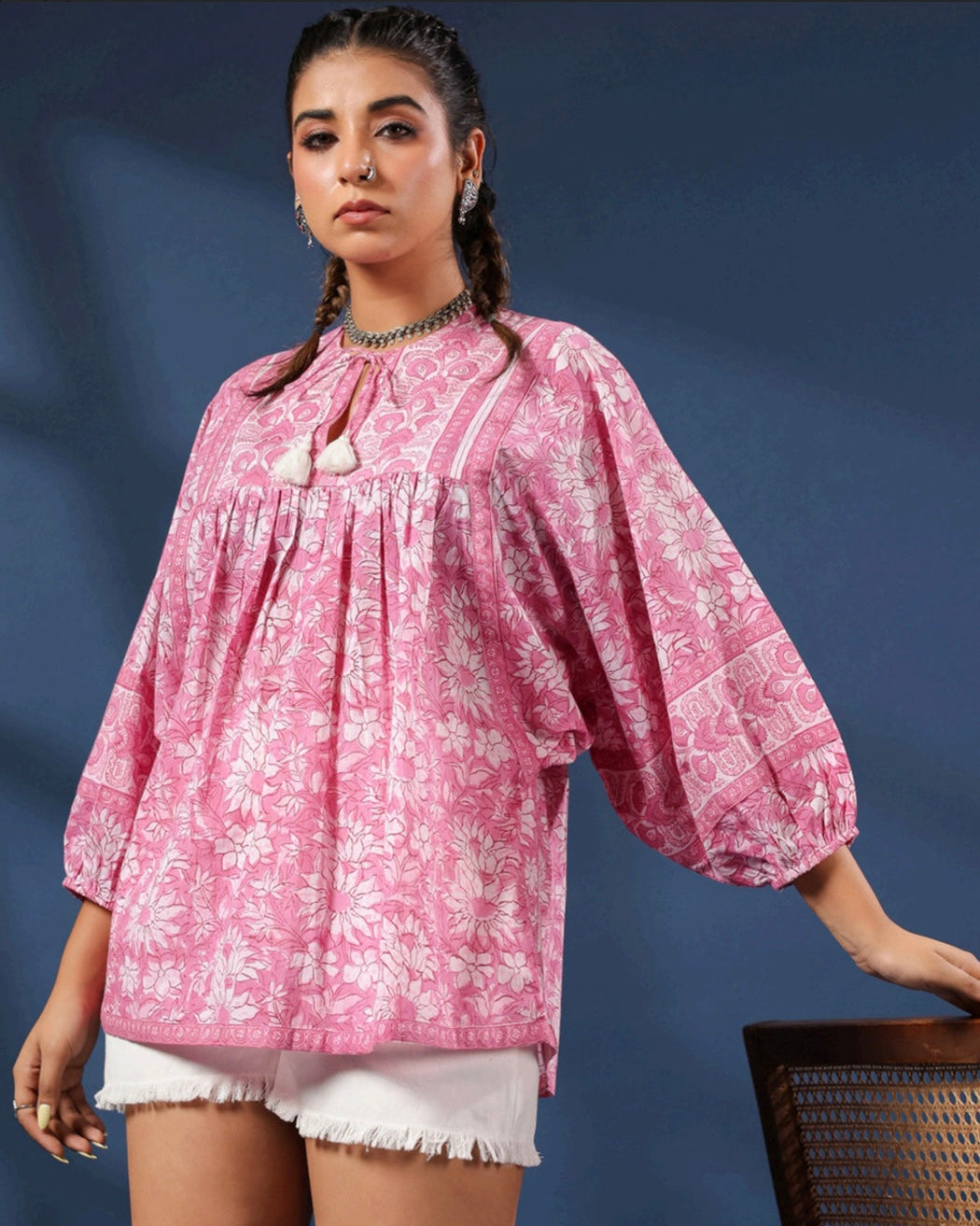 Cotton Pink Flower Block Print Kurti
