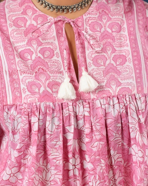Cotton Pink Flower Block Print Kurti
