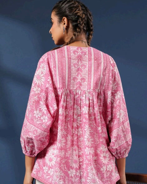 Cotton Pink Flower Block Print Kurti