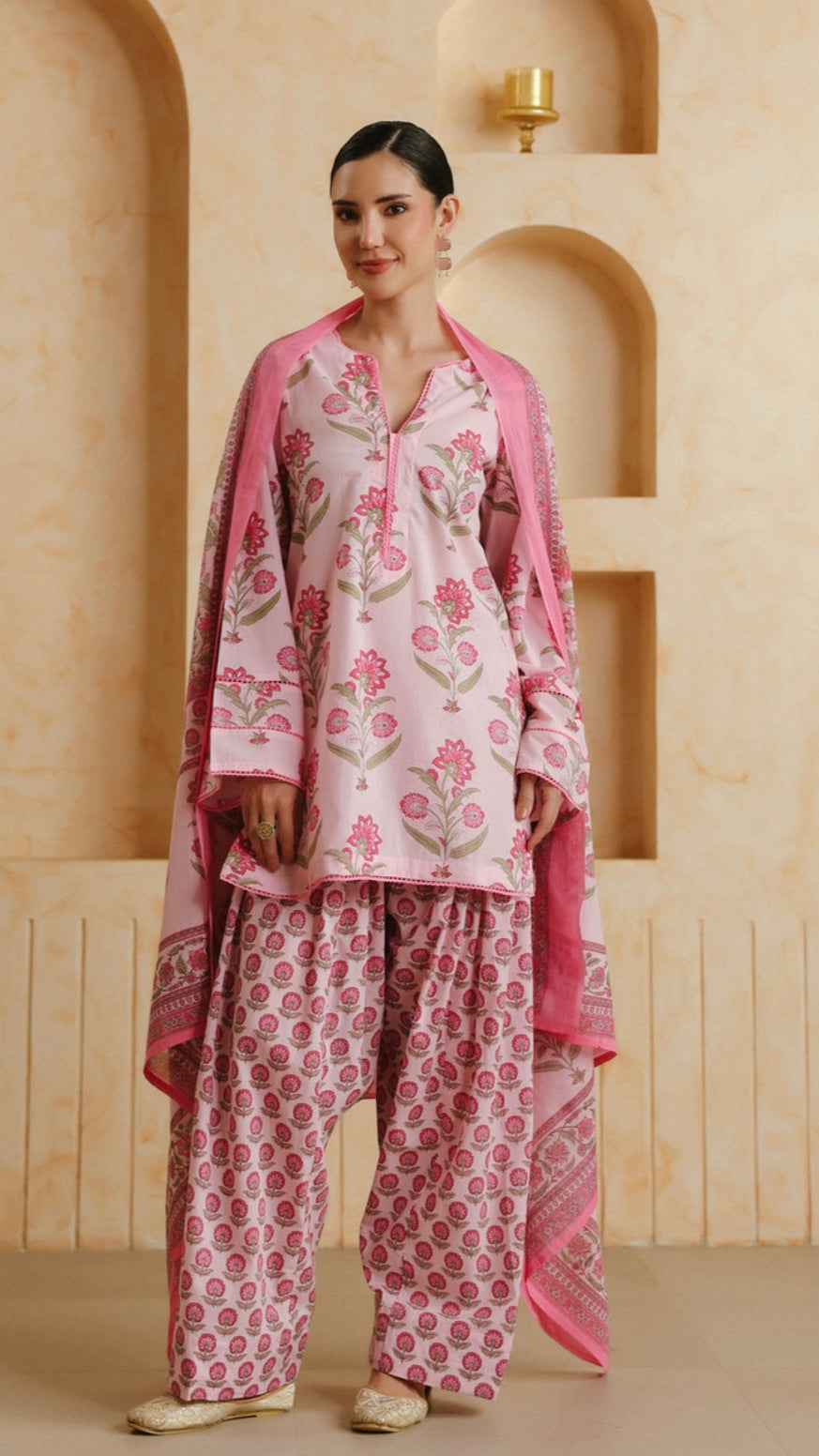Cotton Pink Printed Farshi Kurta and Dupatta Set