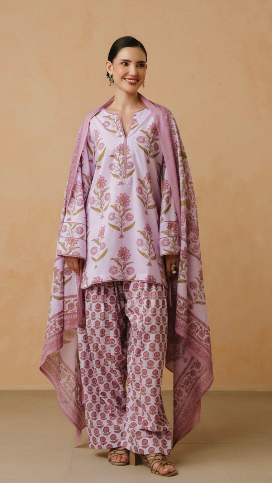 Cotton Lilac Printed Farshi Kurta and Dupatta Set