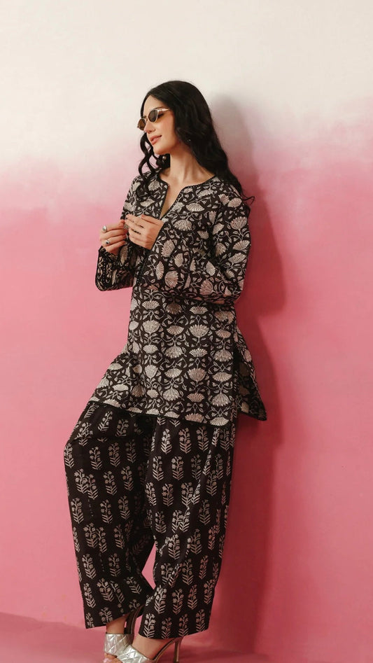 Cotton Black Hand Block Printed Farshi Kurta Set